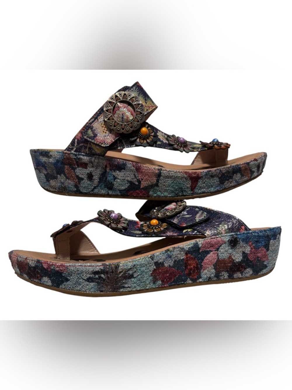 L'Artiste Blissbloom Floral Leather Wedge Sandals Size 40/9 Boho